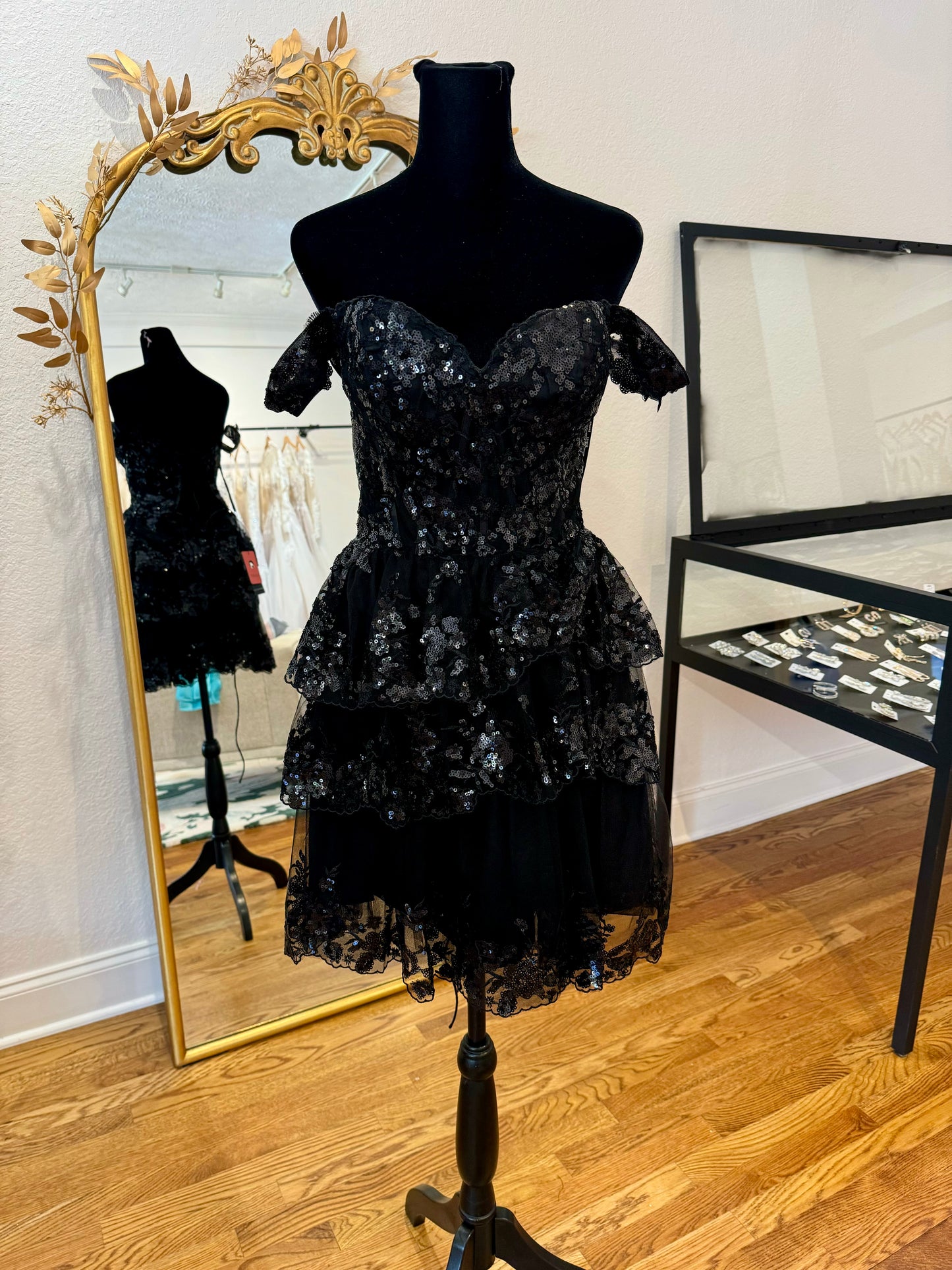 TULLE SEQUIN A-LINE COCKTAIL DRESS WITH SHEER CORSET BODICE