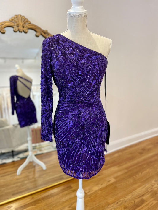 One sleeve purple homecoming dress